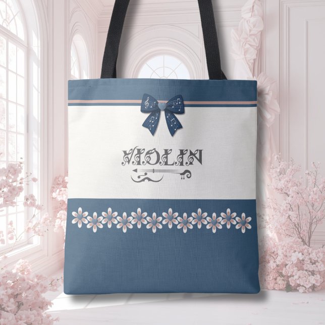 Bolsa de mão para orquestra de violino com laço co (Pretty blue coquette bow violin tote bag for teen girls to carry scores to orchestra concerts.)
