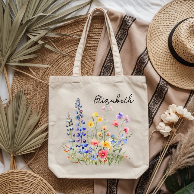 Bolsa de mão personalizada com aquarela de flores  (Personalized watercolor wildflower tote bag gift for her, Custom floral tote bag for mom or grandma )