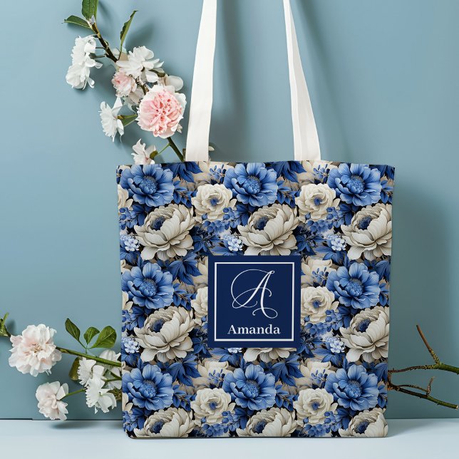 Bolsa de Mão Personalizada Luxo Flores de Marfim A (Luxury Blue Ivory Flowers Personalized Tote Bag)