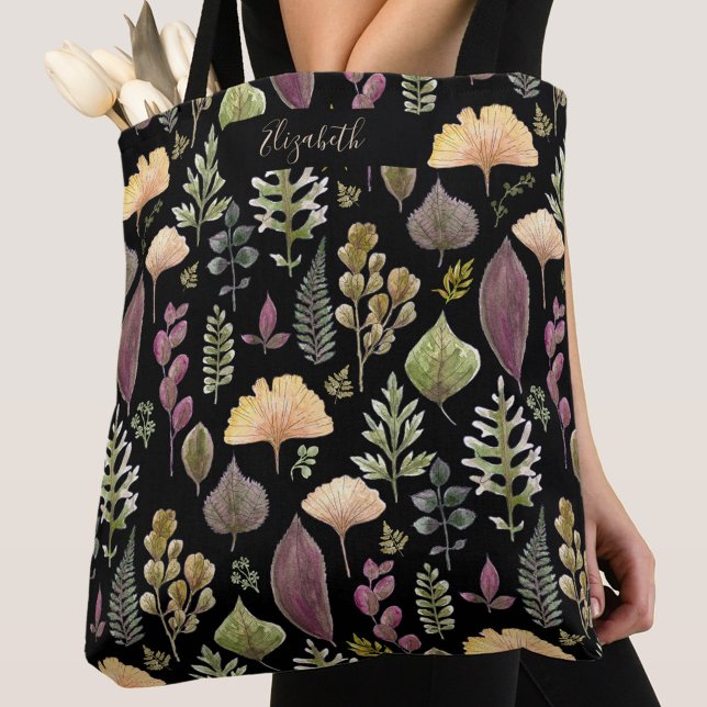 Bolsa de mão preta com nome personalizado e folhas (Criador carregado)