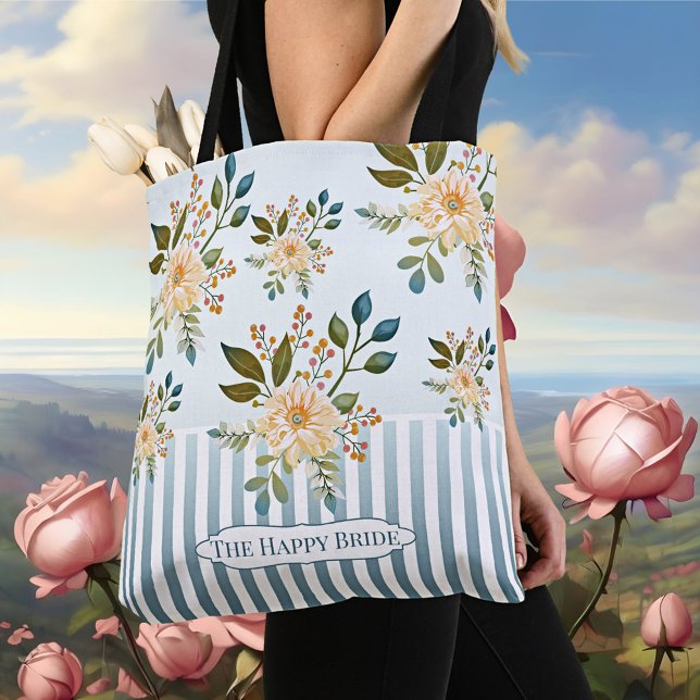 Bolsa de mão retrô romântica floral para noiva (Romantic vintage tote bag with stripes on dusty blue with pretty flowers)