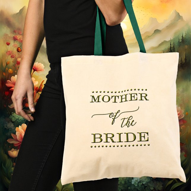 Bolsa de mão verde com texto da Mãe da Noiva (An elegant Mother of the Bride tote bag featuring stylized green texts with script)