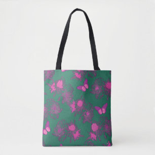 Bolsa de mão verde escuro com flores rosa quente