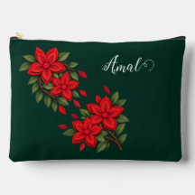 Bolsa de Maquiagem Verde Esmeralda com Flores Verm