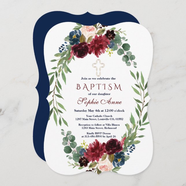 Bolsa de Marinho Azul Floral Baptism Convite (Frente/Verso)