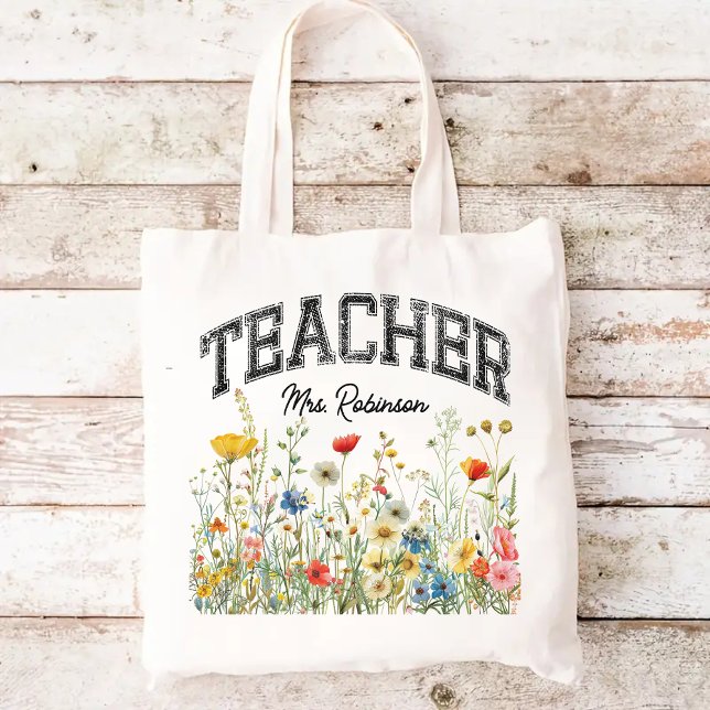 Bolsa de Professores de Flores Selvagens Personali (wildflowers tote bag, personalized name tote, teacher tote bag, teacher appreciation gift)