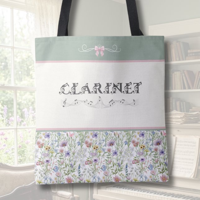 Bolsa de Tote de Clarinete de Flores Silvestres Ve (Personalized Clarinet Tote Bag | Whimsical Sage Green & Pink Floral Wildflower Musician Gift)