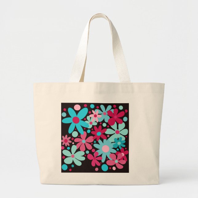 Bolsa de tote de flores azuis e cor-de-rosa. (Frente)