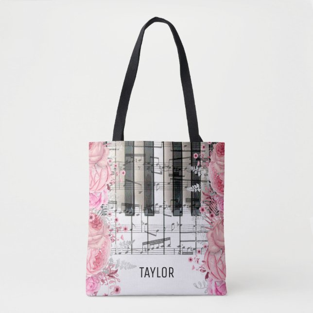 bolsa de tote de notas musicais flores rosa piano (Frente)