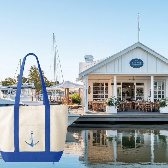 Bolsa de Trim de Contraste Monograma com Âncora de (blue boat anchor monogrammed contrast trim tote bag)