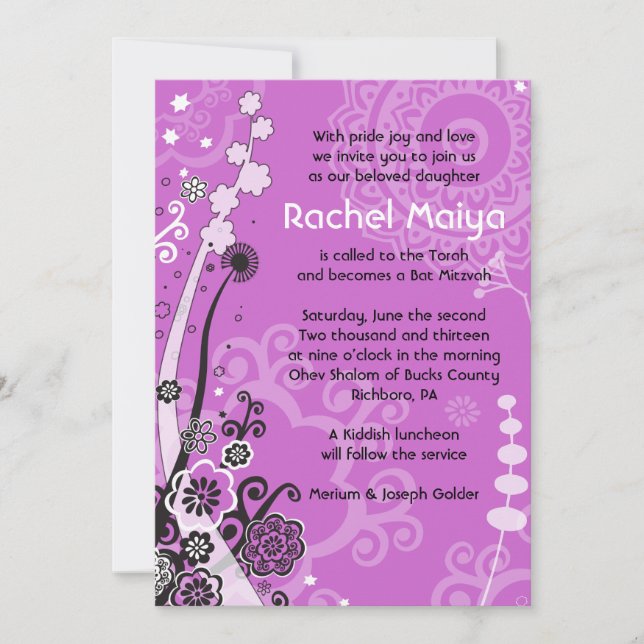 BOLSA E BONITA CONVITE DE Bat Mitzvah FLORAL (Frente)