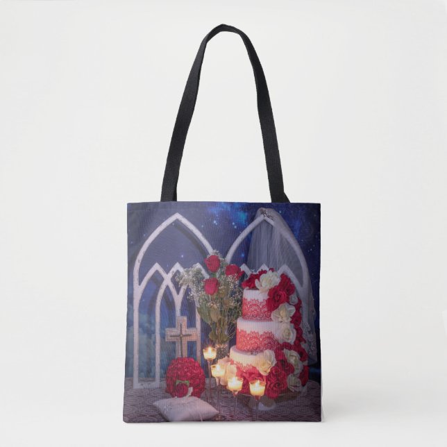 Bolsa Tote 0128-Bolo de Casamento com Velas, Véu, Buquê (Frente)