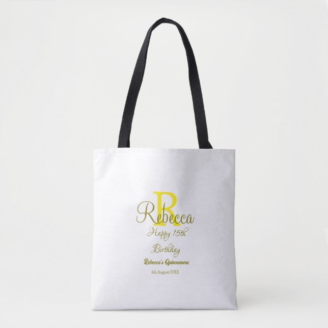 Bolsa Tote 15 Feliz Aniversário Amarelo Apelido Monograma Mod (Frente)