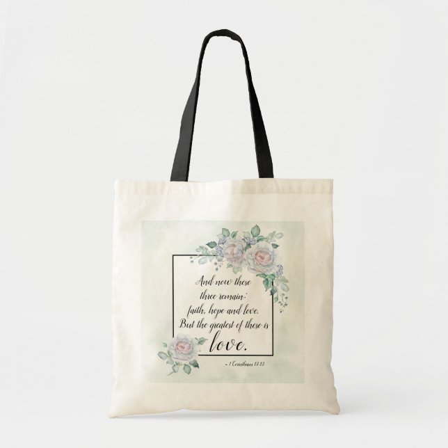Bolsa Tote 1 Corinthians 13:13 Fé Esperança Amor, Bíblia Vers (Frente)