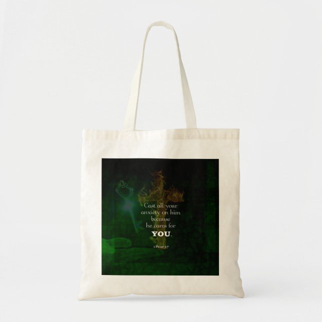 Bolsa Tote 1 Peter 5:7 Uplifando a cotação dos versos da Bíbl (Frente)