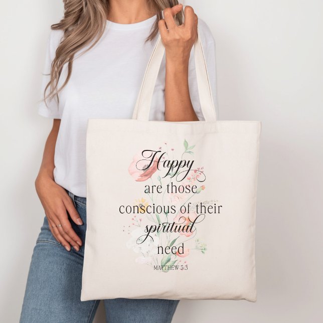 Bolsa Tote 2026 JW Year Text Matthew 5:3 with Spring Flowers (Criador carregado)