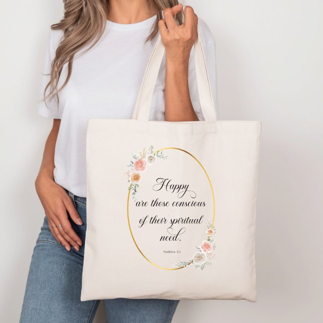 Bolsa Tote 2026 Texto do Ano JW Mateus 5:3 com Rosas (Criador carregado)