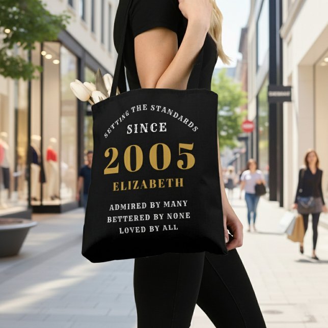 Bolsa Tote 21st Birthday 2005 Black Gold For Her Personalized (Born 2005 birthday tote bag. Background out of focus.)