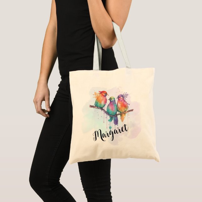 Bolsa Tote 3 Pássaros com Amor Nome Personalizado (Frente (produto))