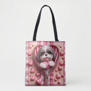 Bolsa Tote 3D Shih Tzu em um fundo rosa e branco