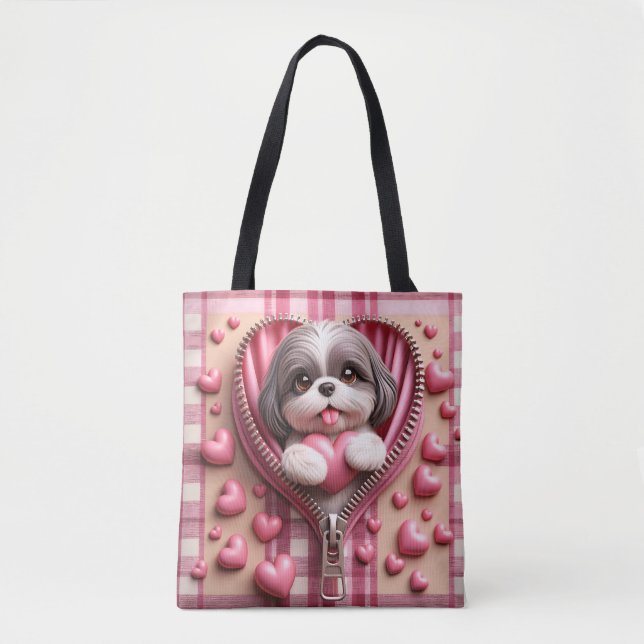 Bolsa Tote 3D Shih Tzu em um fundo rosa e branco (Frente)