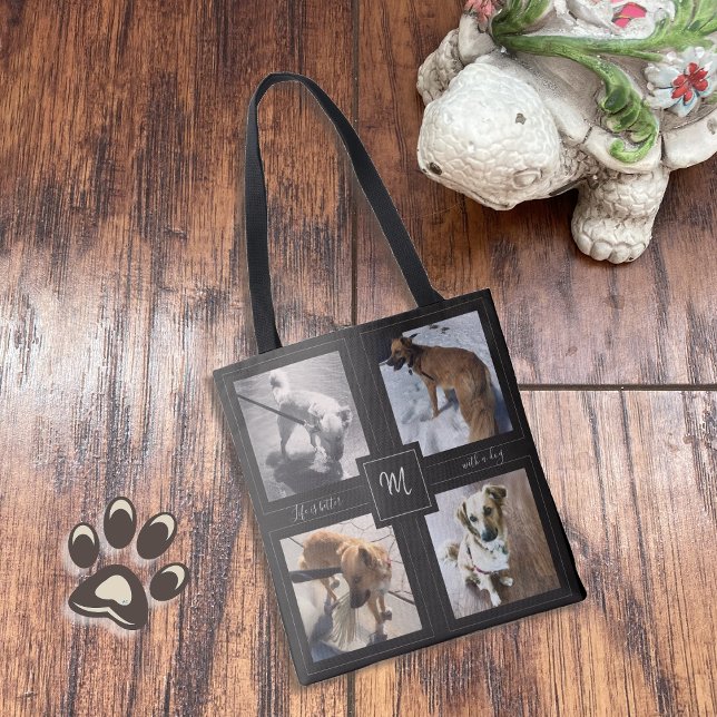 Bolsa Tote 4 Colagem de Fotos com Saco de Tota Preto de Cotaç (Criador carregado)