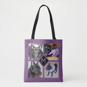 Bolsa Tote 4 roxo da inicial do cão da colagem da foto