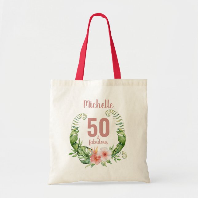 Bolsa Tote 50 e fabuloso aniversário personalizado cor-de-ros (Frente)