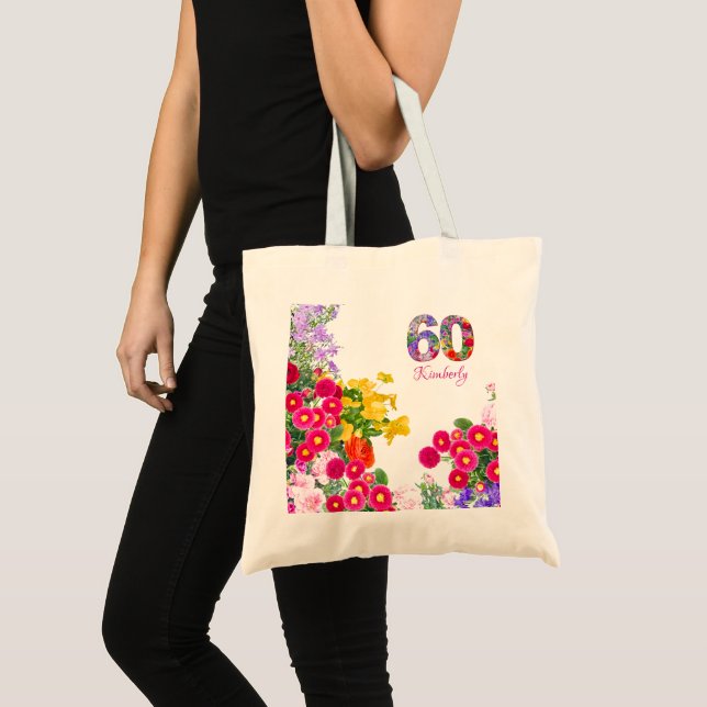 Bolsa Tote 60ª festa de aniversário de hóspedes florais favor (Frente (produto))