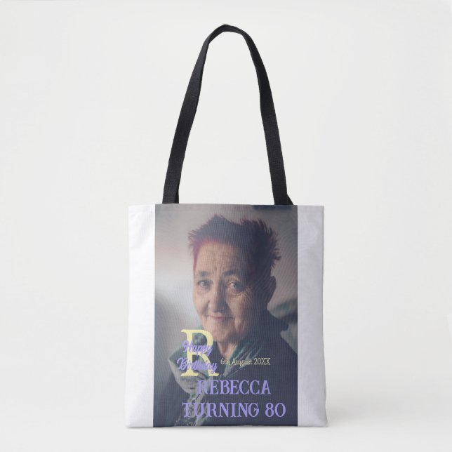 Bolsa Tote 80 de aniversário da foto adicione nome data roxo  (Frente)