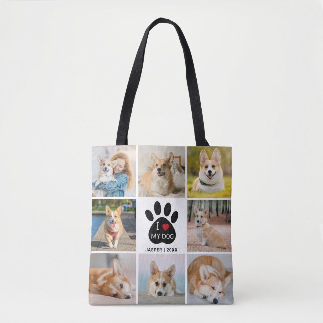 Bolsa Tote 8 Colagem Fotográfica I Love My Dog Paw Print (Frente)