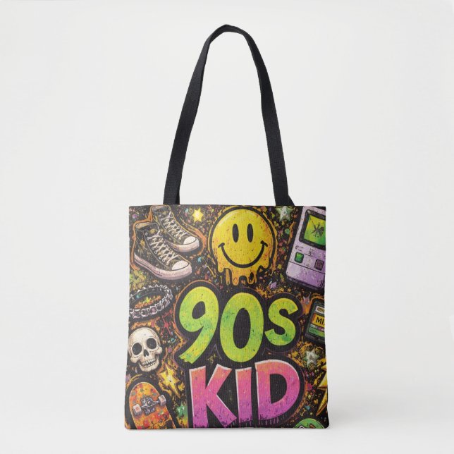 Bolsa Tote 90s Kids Grunge Seamless Pattern: Pizza, Skeletons (Frente)