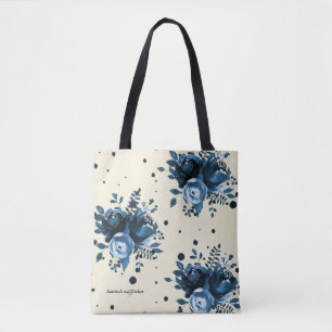 Bolsa Tote A aguarela azul floral com pontos e adiciona o