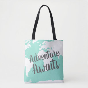 Bolsa Tote A aventura espera o mapa do mundo & a hortelã