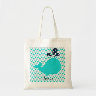 Bolsa Tote A baleia do Aqua no Aqua Chevron listra o saco
