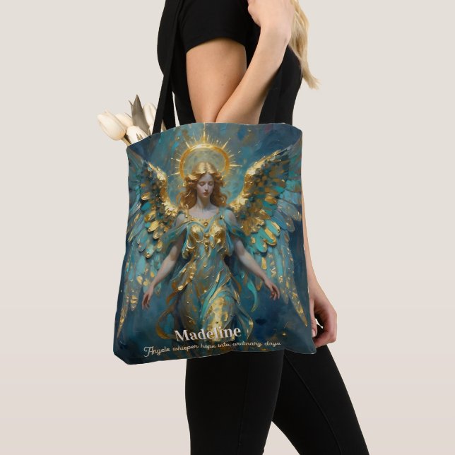 Bolsa Tote A Beautiful Gold and Turquoise Angel Personalized (Close Up)