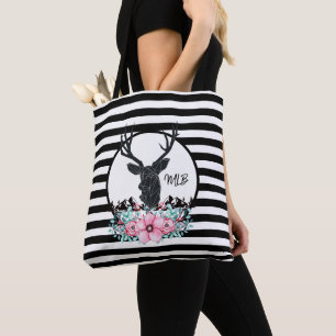 Bolsa Tote A cabeça dos cervos com rosa floresce montanhas &