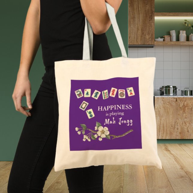 Bolsa Tote A felicidade está tocando Mah Jongg com o Roxo das (Criador carregado)
