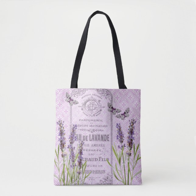 Bolsa Tote A lavanda floresce a borboleta francesa da colagem (Frente)
