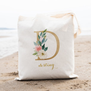 Bolsa Tote A letra Dourado D e cora floral personalizado
