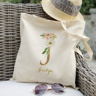 Bolsa Tote A letra Dourado J e cora floral personalizado