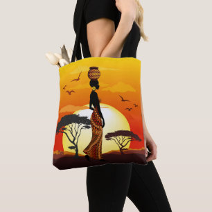 Bolsa Tote A linda mulher africana Silhouette sobre os sóis a