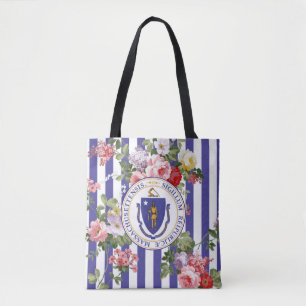 Bolsa Tote A listra floral de Massachusetts personaliza