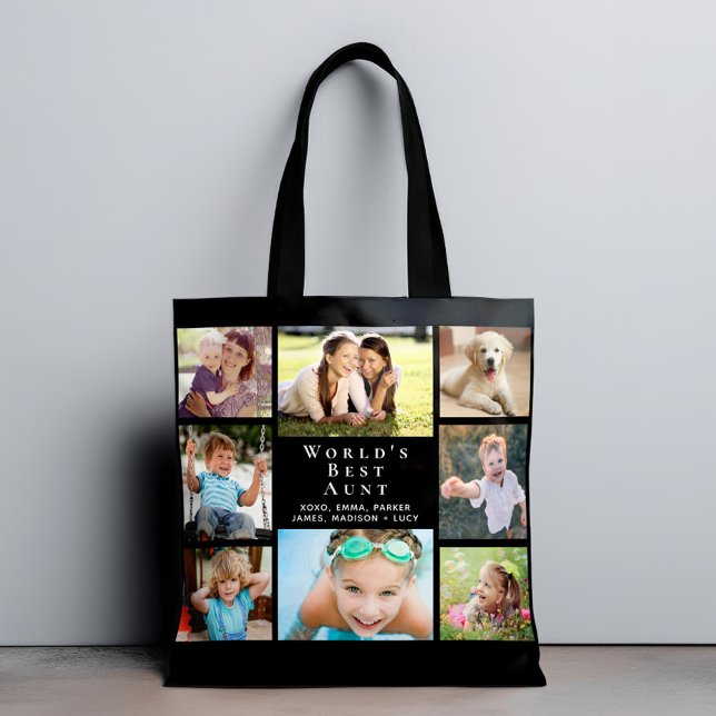 Bolsa Tote A melhor tia do mundo 8 colagem de fotos em preto (Criador carregado)