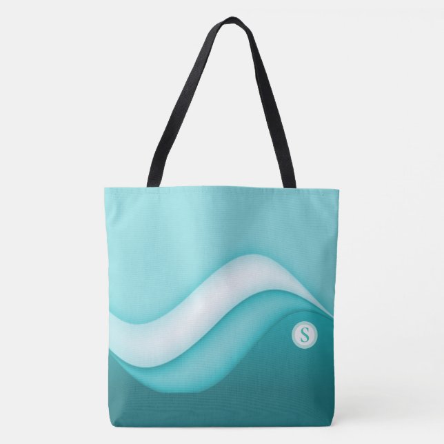 Bolsa Tote A praia acena o azul Monogrammed inicial do verão (Frente)