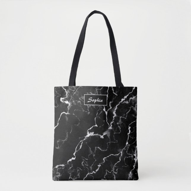 Bolsa Tote A Textura Preta Faux Marble Procura Com O Nome Per (Frente)