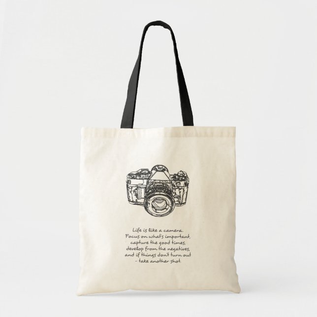 Bolsa Tote A vida é como uma citação de câmera, Preto e Branc (Frente)