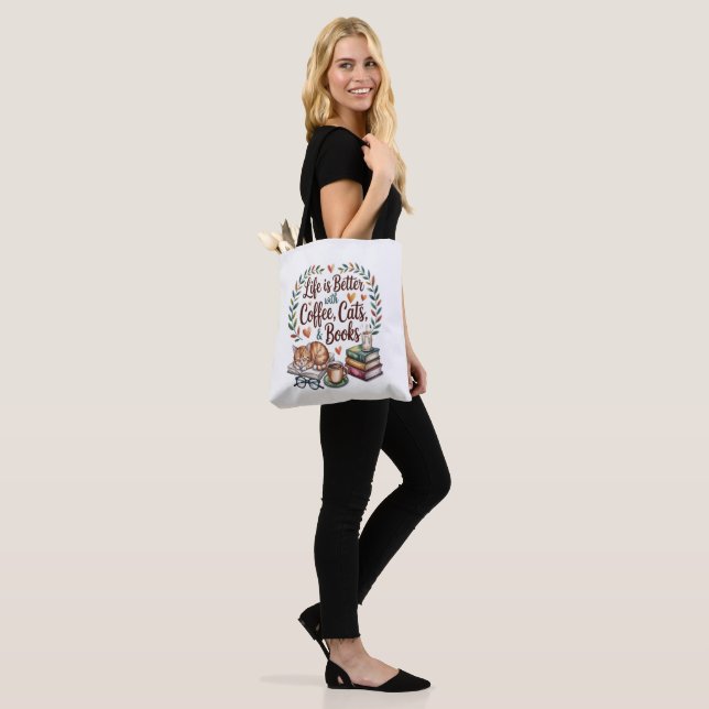 Bolsa Tote A Vida é Melhor com Café Gatos Livros (No(a) Modelo)