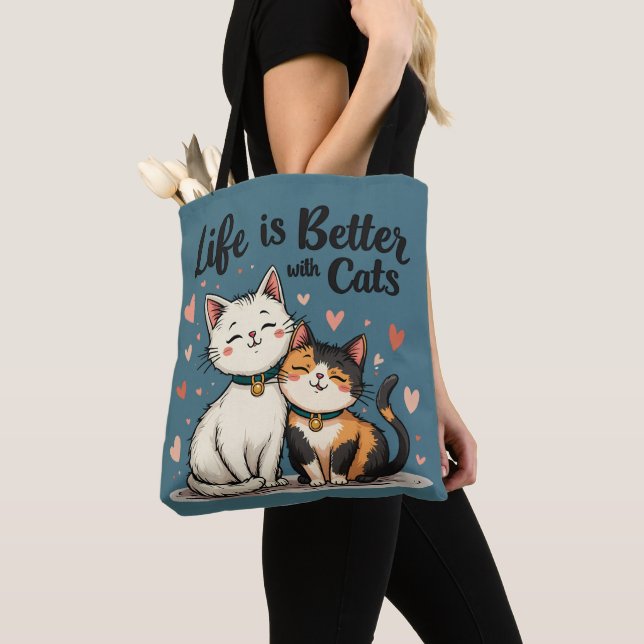 Bolsa Tote A vida é melhor com gatos estéticos, azuis (Close Up)