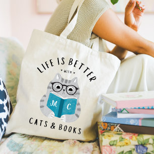 Bolsa Tote A vida é melhor com os gatos e os livros